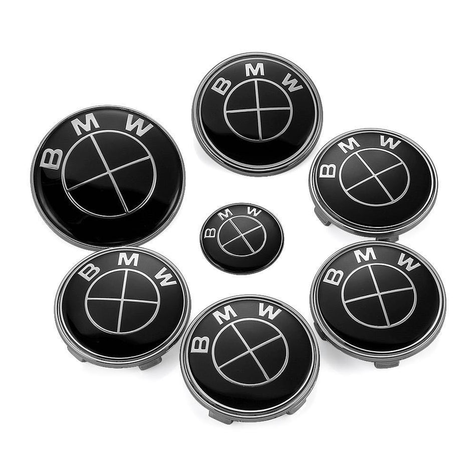 BMW Full Black Style Bonnet, Boot, Wheel Center Caps & Steering Wheel Emblem Kit - 7pcs