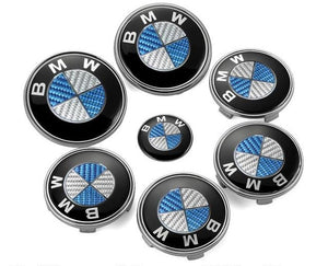 BMW Blue Carbon Style Bonnet, Boot, Wheel Center Caps & Steering Wheel Emblem Kit - 7pcs