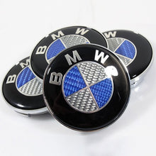 Load image into Gallery viewer, BMW Blue Carbon Style Bonnet, Boot, Wheel Center Caps &amp; Steering Wheel Emblem Kit - 7pcs