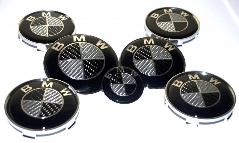 BMW Carbon Style Bonnet, Boot, Wheel Center Caps & Steering Wheel Emblem Kit - 7pcs