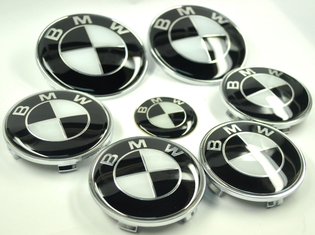 BMW Black & White Style Bonnet, Boot, Wheel Center Caps & Steering Wheel Emblem Kit - 7pcs